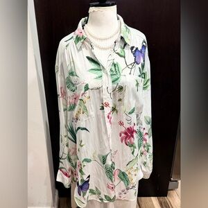 Anthropologie White Floral Button Down Shirt